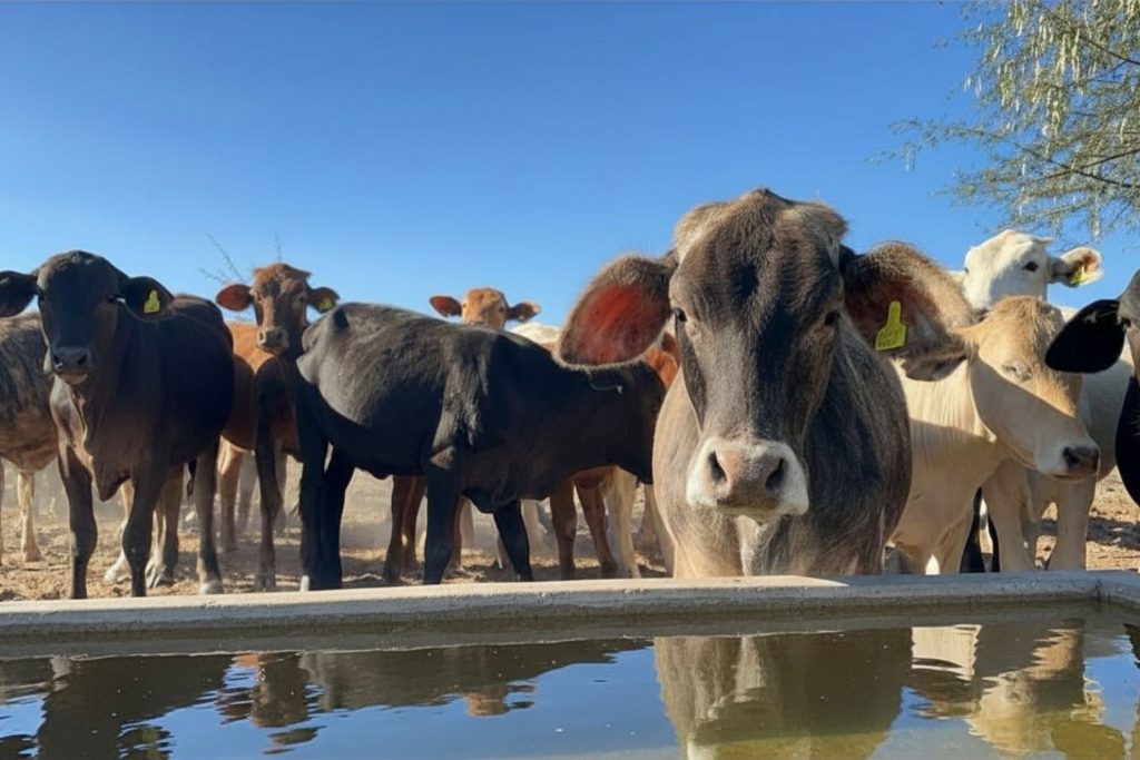 Cows drinking from a trough.