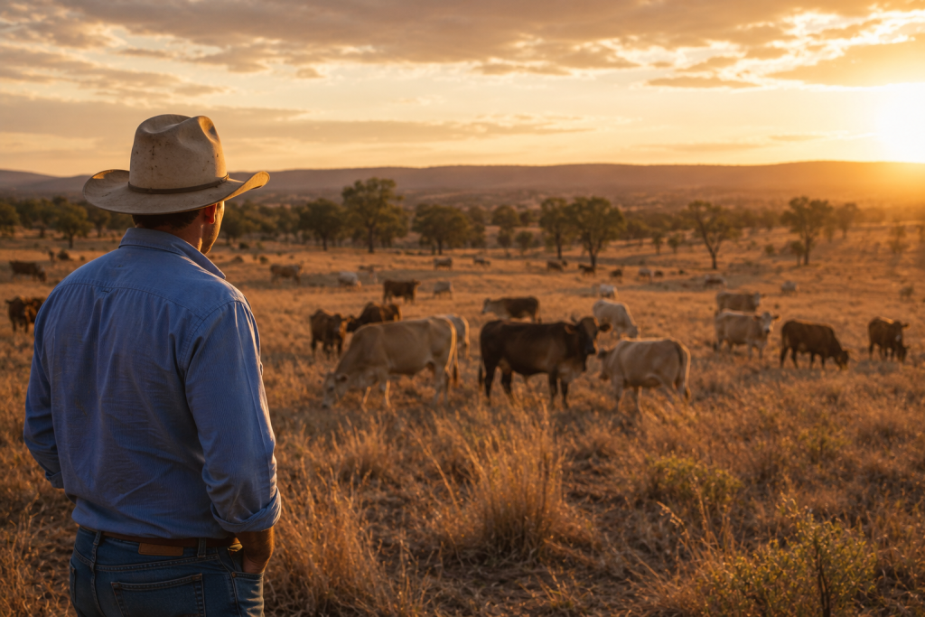 A calm producer observing his cattle in a paddock starting to dry off, bathed in soft late-afternoon light. El Niño livestock supplementation